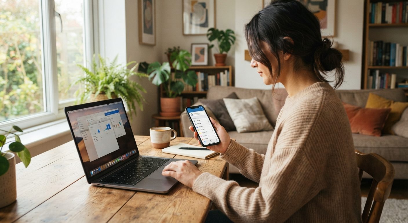 Person bruger adgangskodemanager på laptop og telefon derhjemme