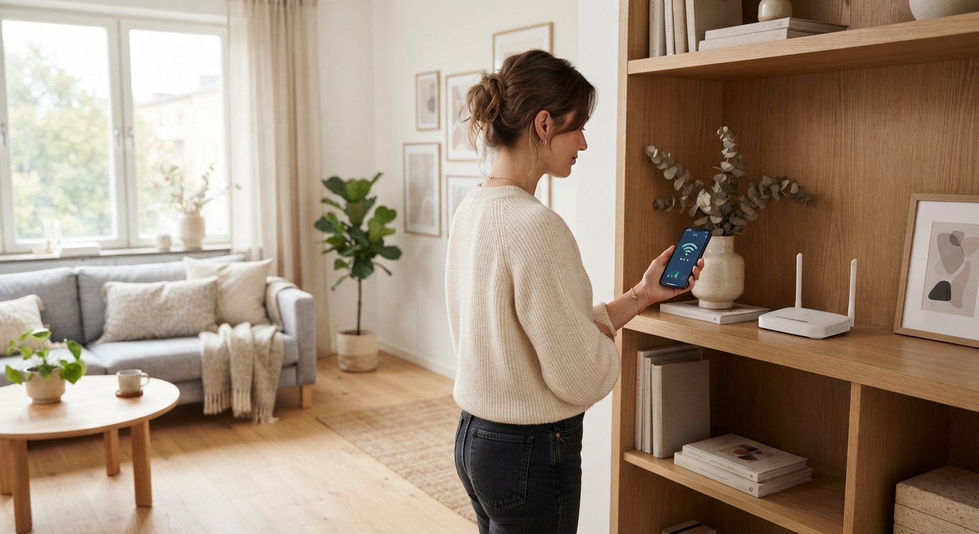 Person tjekker wifi signal på smartphone i stue med dårlig dækning