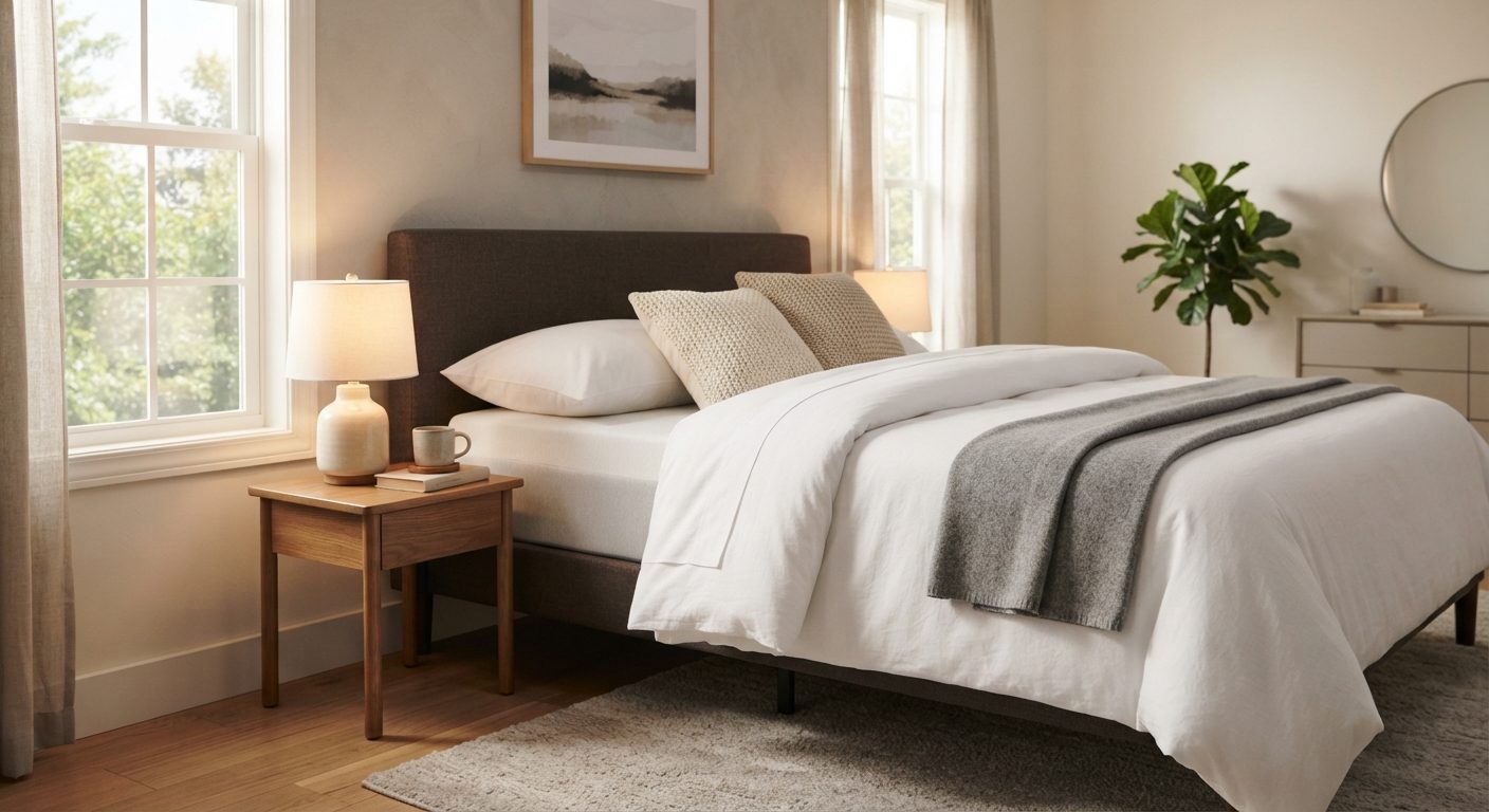 Seng med madras i soveværelse der illustrerer hvornår det er tid til at skifte madras