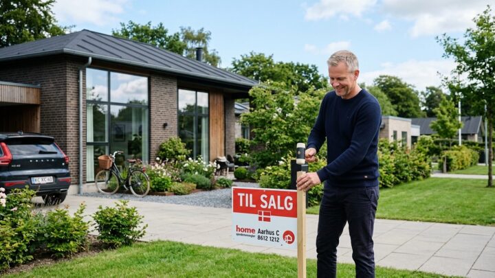 Boligejer der selv sætter til salg-skilt op foran sit hus efter at have valgt at sælge bolig selv