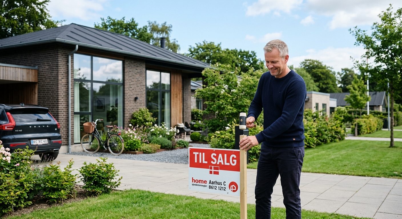 Boligejer der selv sætter til salg-skilt op foran sit hus efter at have valgt at sælge bolig selv