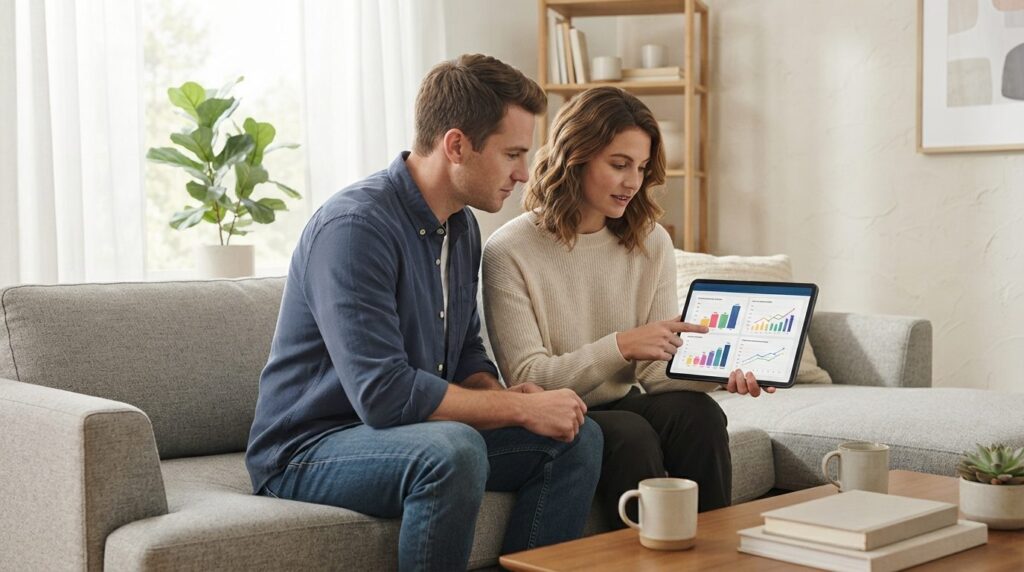 Young couple reviewing digital loan comparison on tablet scr
