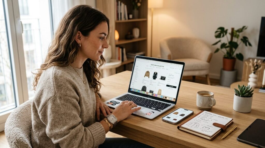 Modern lifestyle shot of a person using laptop for online sh