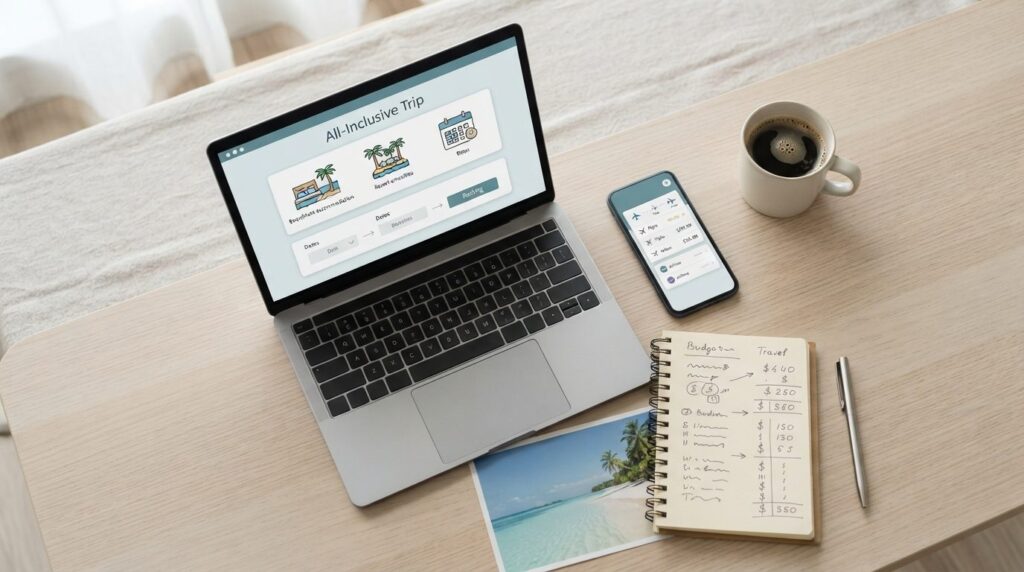 Overhead flat lay photography of vacation planning materials