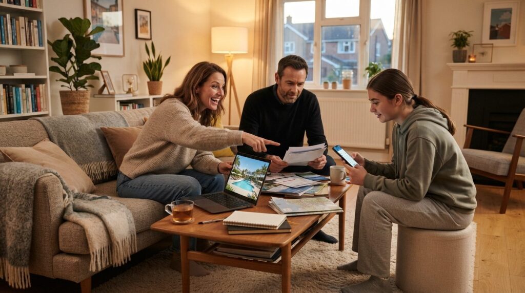 Candid lifestyle photo of a family in their living room disc