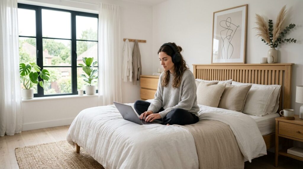 Photorealistic image of a modern Scandinavian bedroom enviro