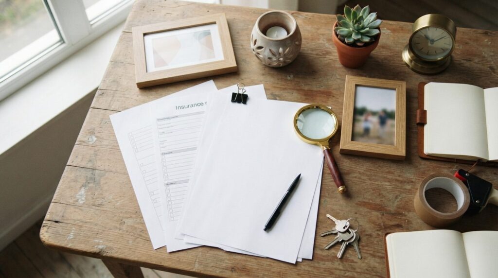 Overhead flat lay composition of moving insurance documents,