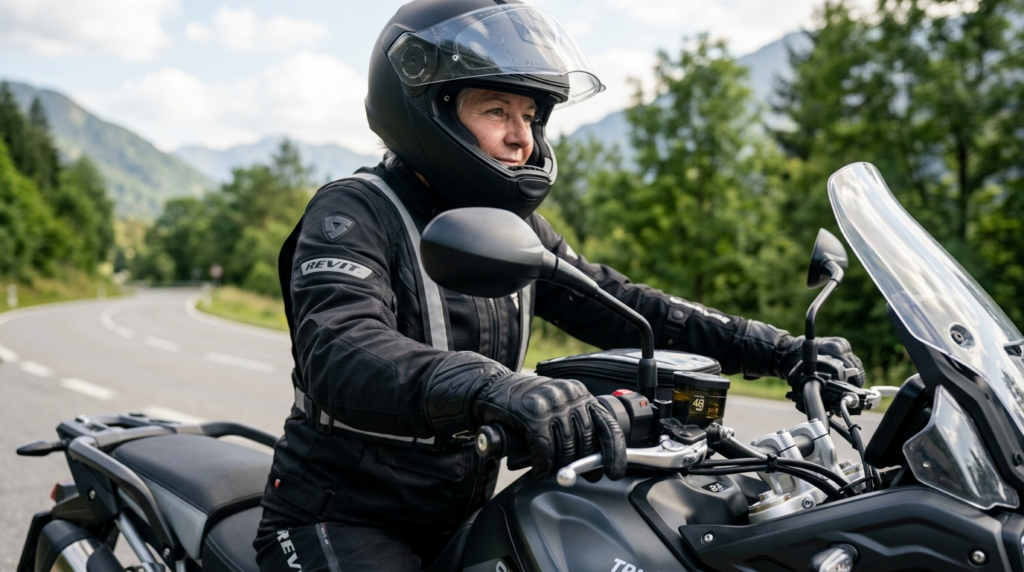 Close-up of mature adult rider wearing professional safety e