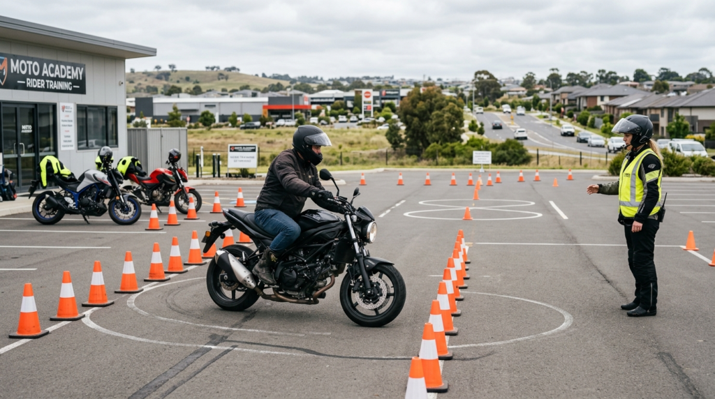 Outdoor motorcycle training facility with safety cones and m