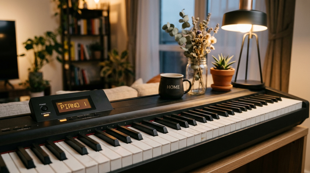 Close-up of a compact digital piano keyboard in a small mode