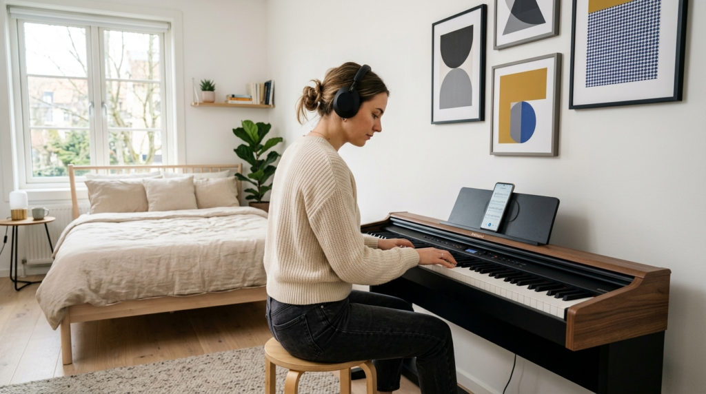 Young adult practicing on a modern digital piano in a bright