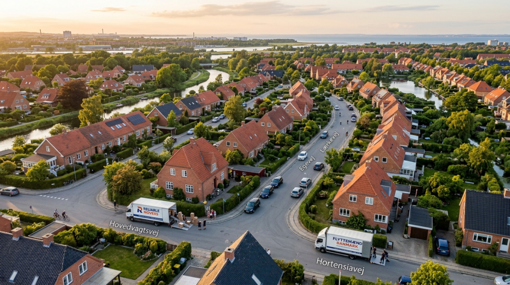 Aerial view of a residential neighborhood in suburban Copenh