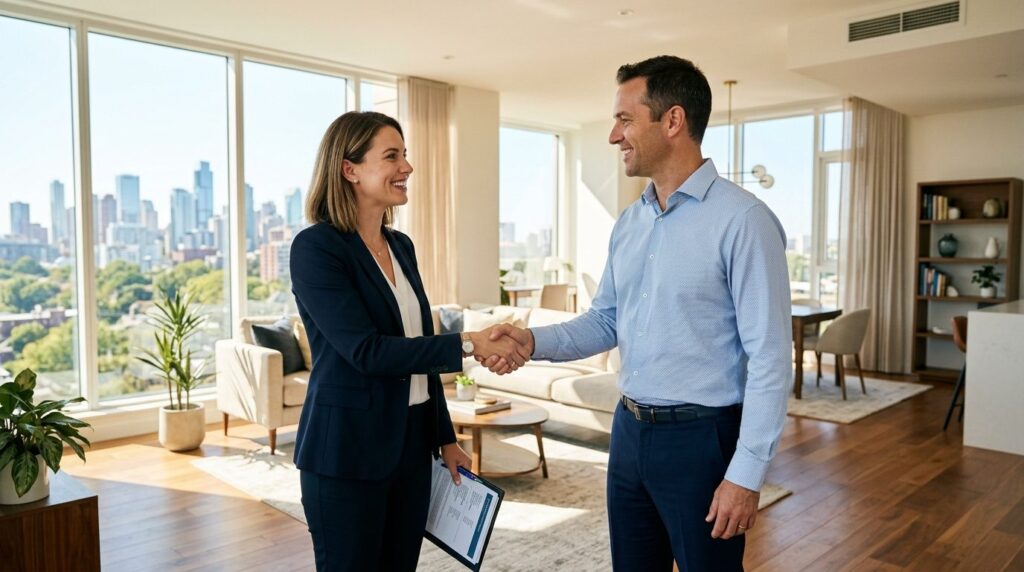 Confident female real estate agent and male client shaking h