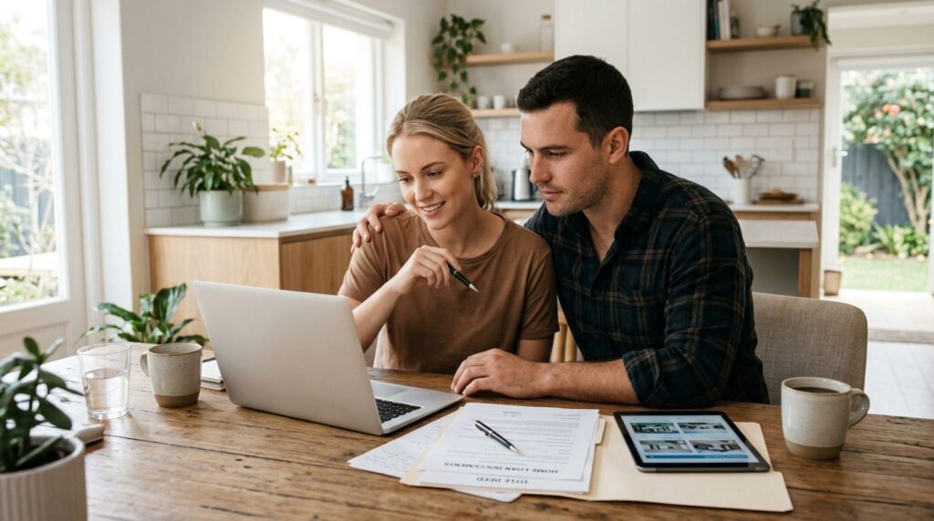 Young couple reviewing house purchase documents together on