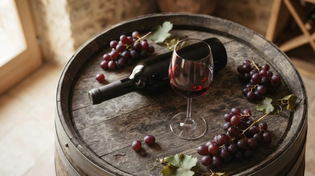 Overhead flat lay photography: Barolo wine bottle lying hori
