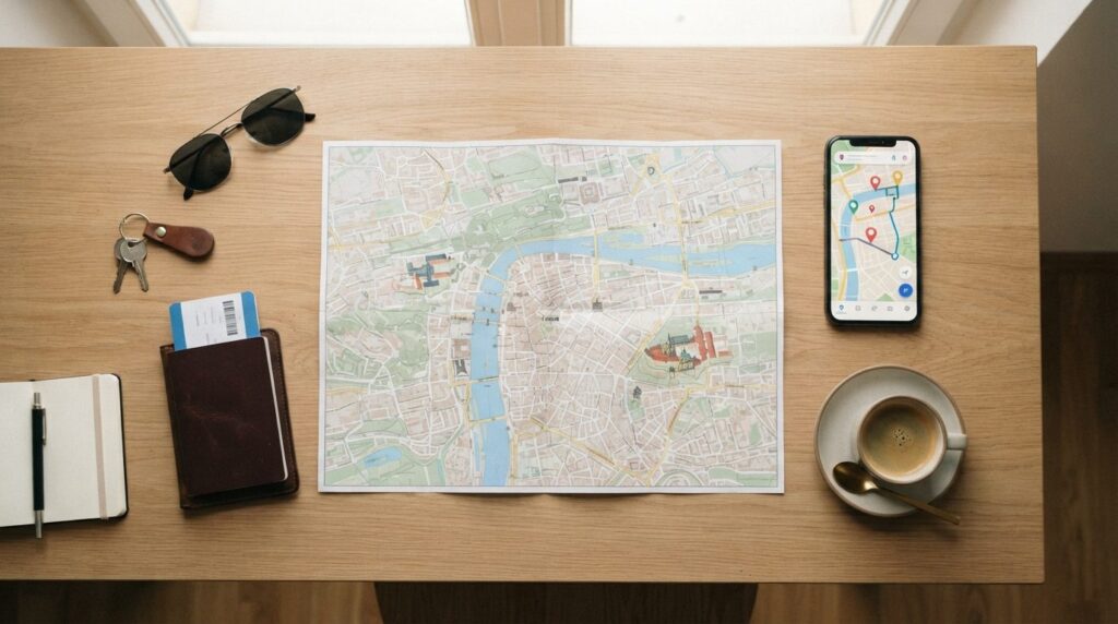 An overhead flat lay composition of a travel planning scene 