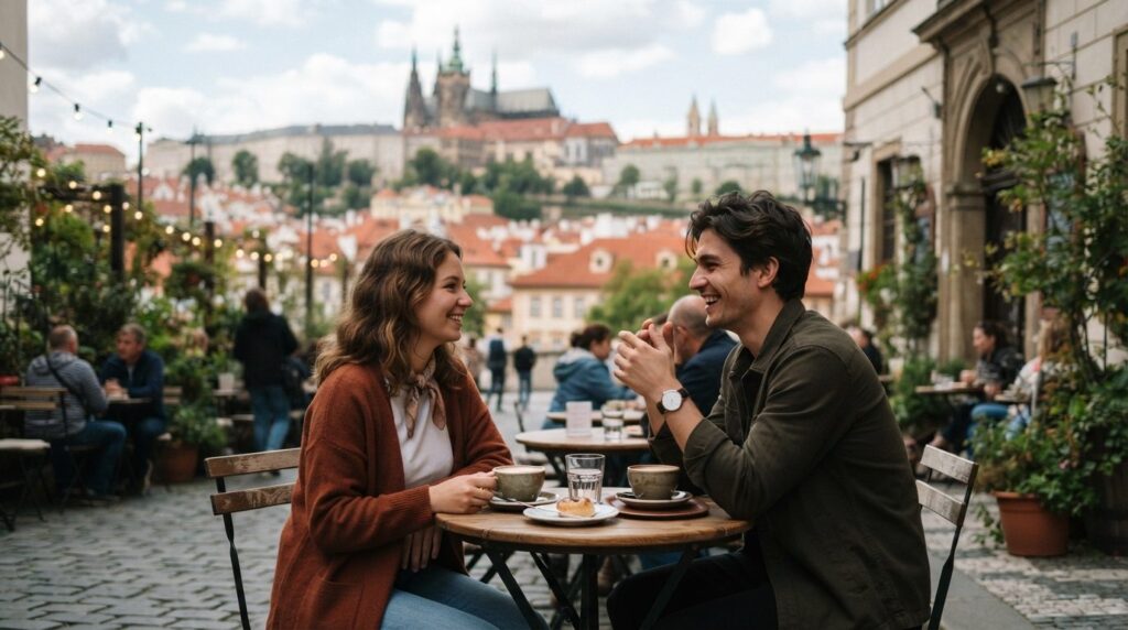 A candid photograph of a young couple sitting at an outdoor 