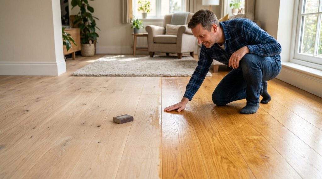 Before and after comparison of hardwood floor treatment, lef