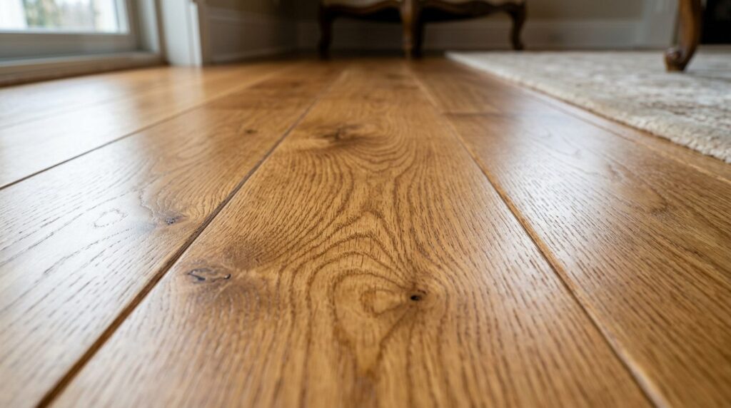 Close-up detail of wood grain texture on hardwood floor afte