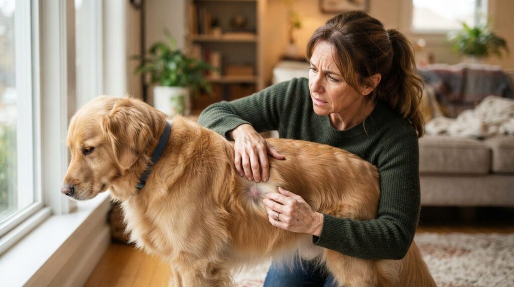 Photorealistic stock image, 16:9 format: Concerned dog owner