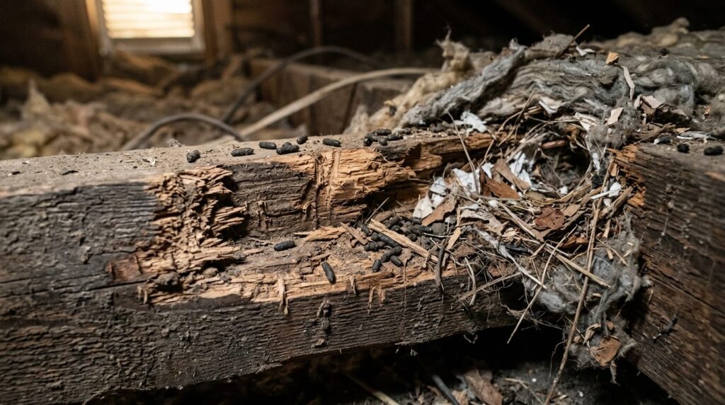 Close-up macro photography of attic damage signs - gnawed wo