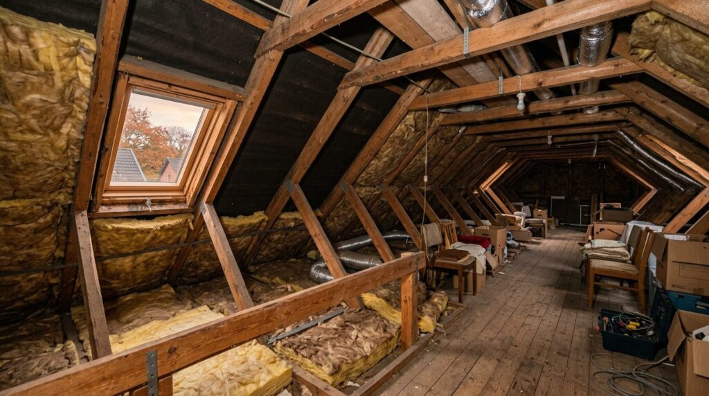 Wide angle photograph of a typical Danish residential attic 