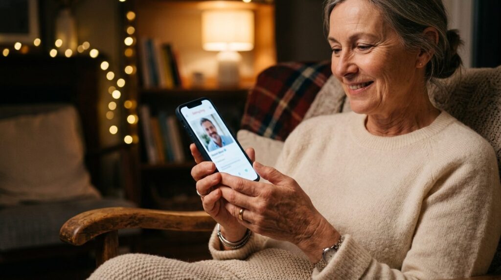 Close-up photograph of mature hands holding a smartphone dis