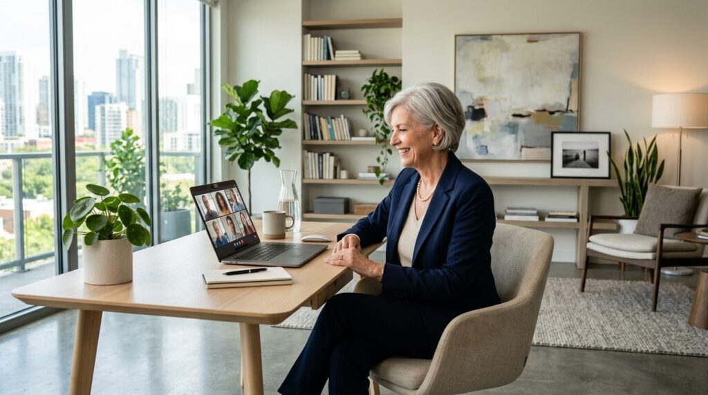 Wide shot of a sophisticated senior woman in her 60s sitting