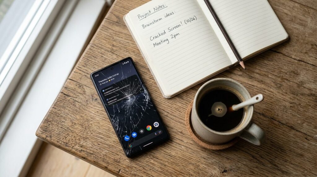 Close-up overhead shot of a cracked smartphone screen on a w