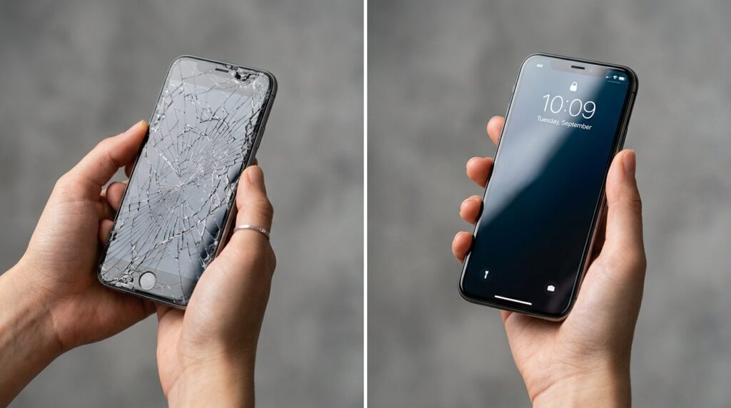 Split-screen comparison showing on the left a person holding