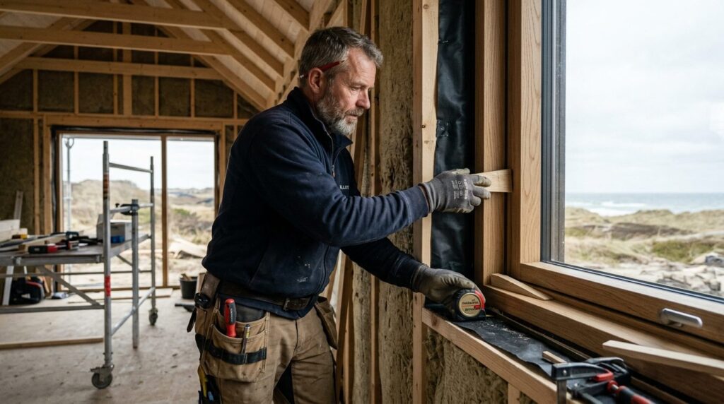 Close-up photorealistic image of a skilled Danish carpenter 