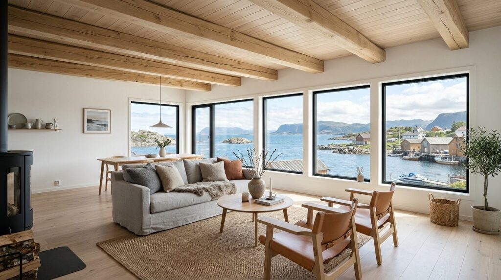 Photorealistic interior image of a bright Scandinavian livin
