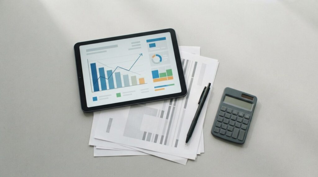 Flat lay composition of financial planning tools including a