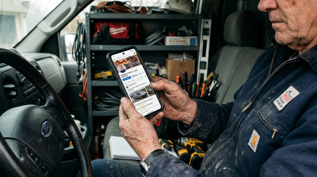 Close-up of skilled tradesmans hands holding smartphone dis