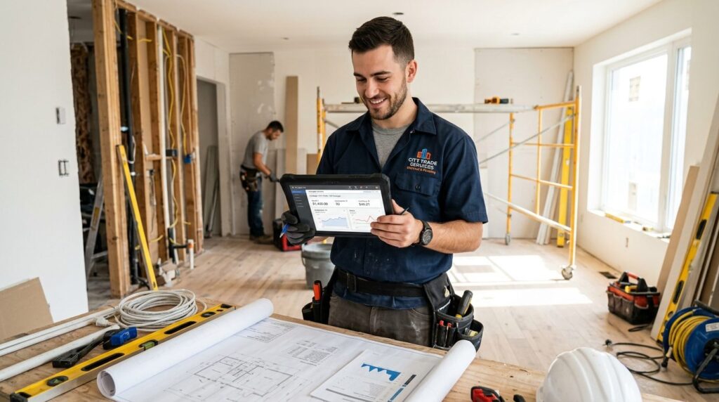 Young electrician or plumber in work uniform reviewing digit