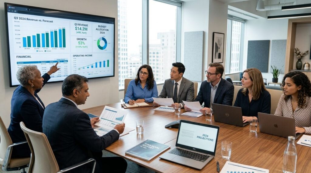 Board meeting scene showing diverse board members reviewing