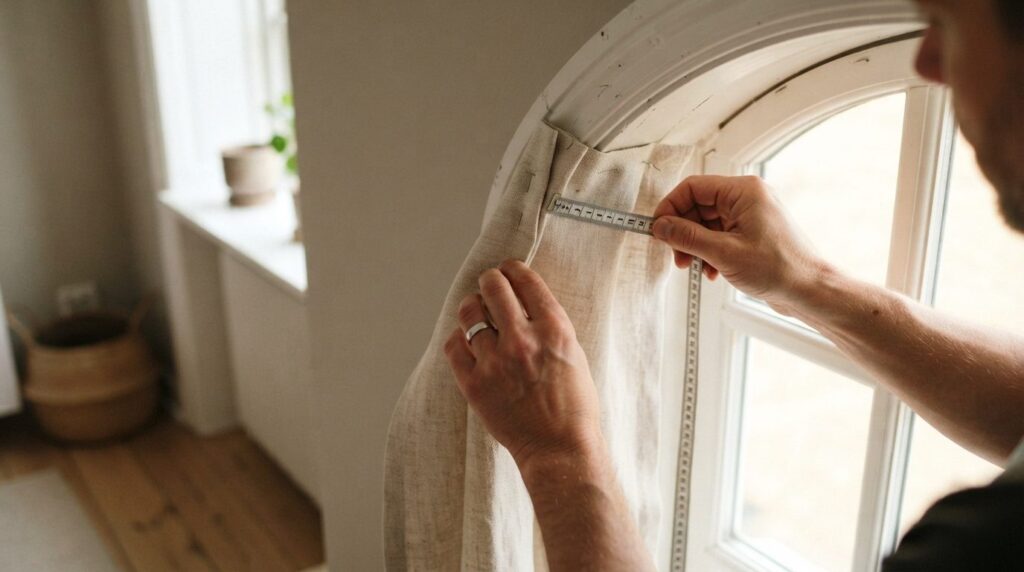 Close-up detail shot of custom tailored curtain fabric being