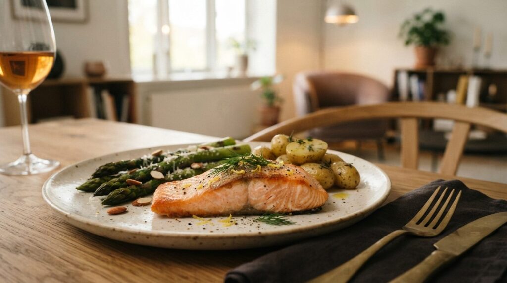 Close-up macro photography of a dinner plate with salmon fil