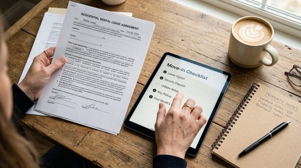 Close-up overhead shot of hands holding a rental lease agree