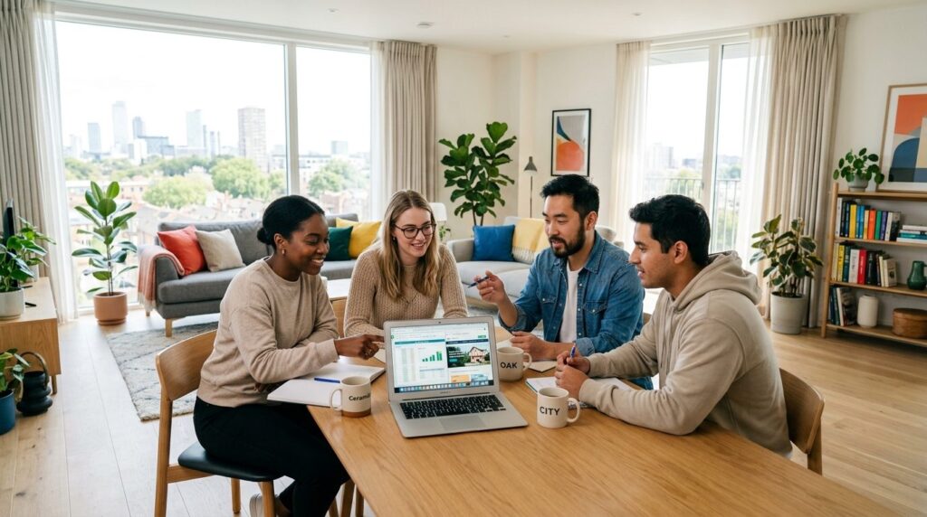 Wide shot of diverse group of young renters in a modern apar