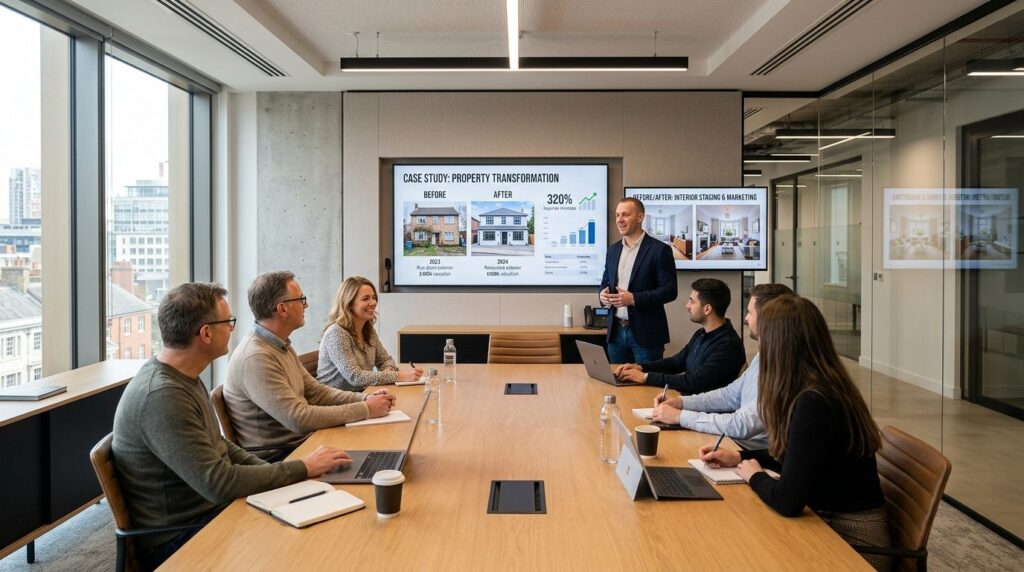 Photorealistic wide-angle view of a modern meeting room wher