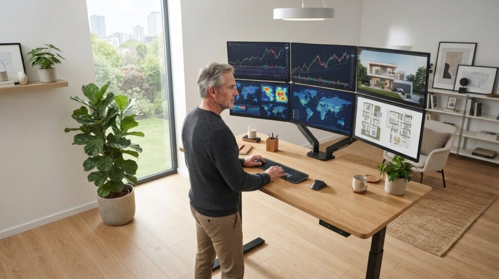 Aerial view of a mature man in his 60s working at a standing