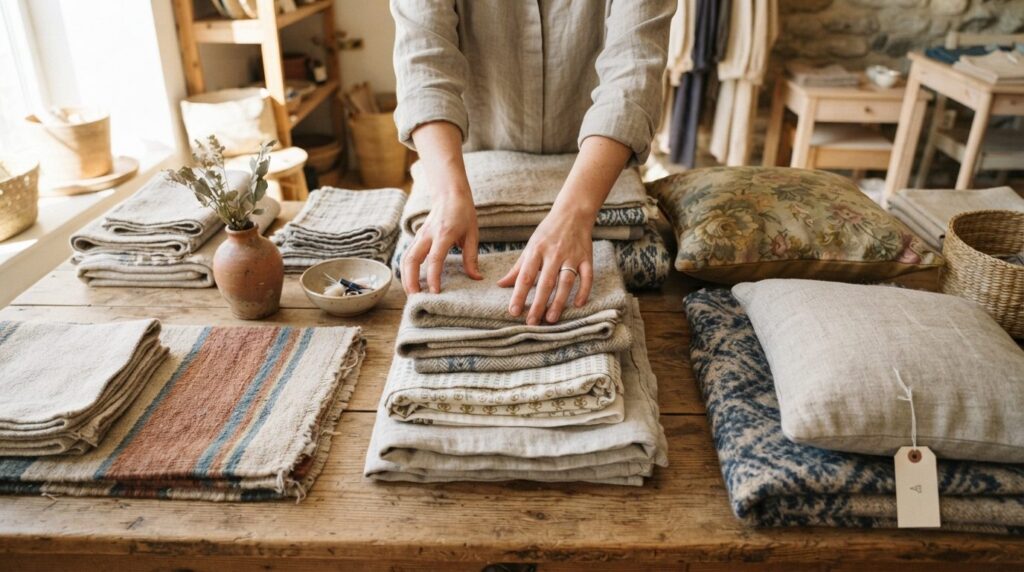 Close-up overhead shot of hands sorting and organizing folde