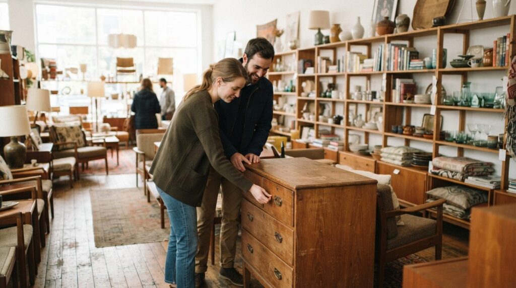 A young couple examining a vintage wooden chest of drawers i
