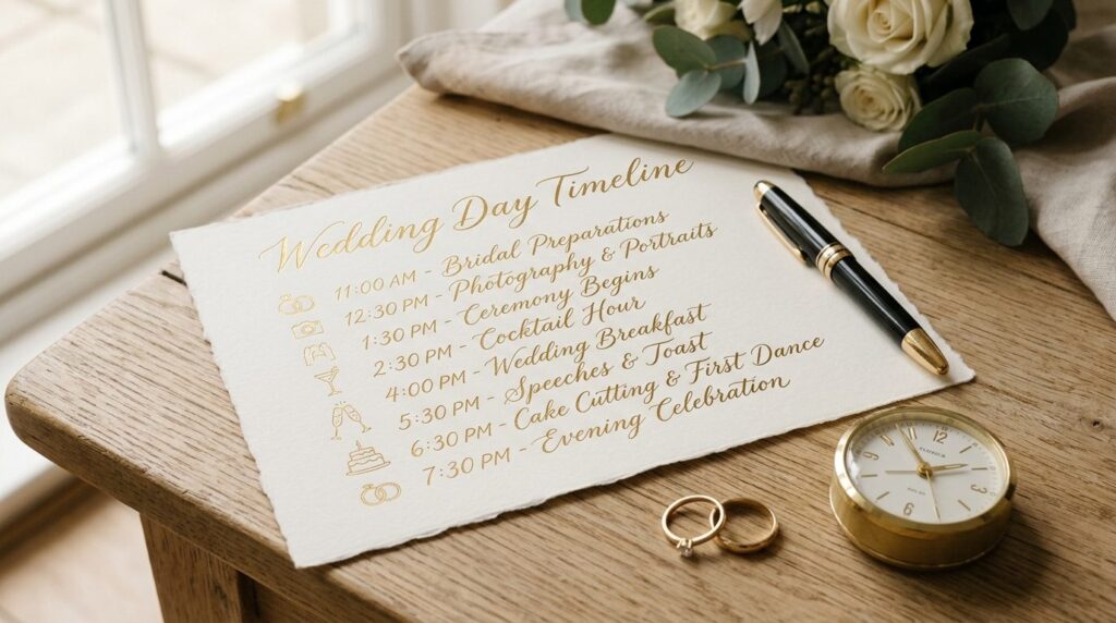 Close-up of wedding day timeline schedule written in gold ca