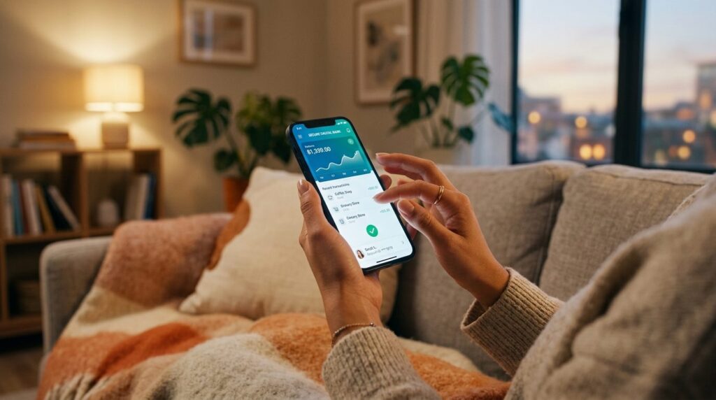 Close-up photorealistic shot of hands holding a smartphone w