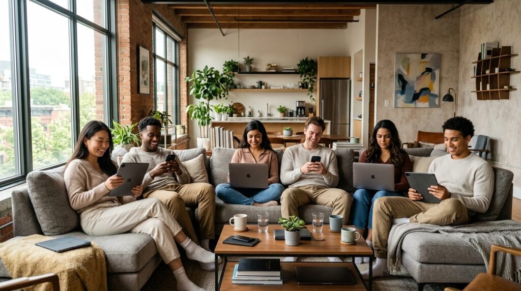 Photorealistic image of a happy diverse group of young adult