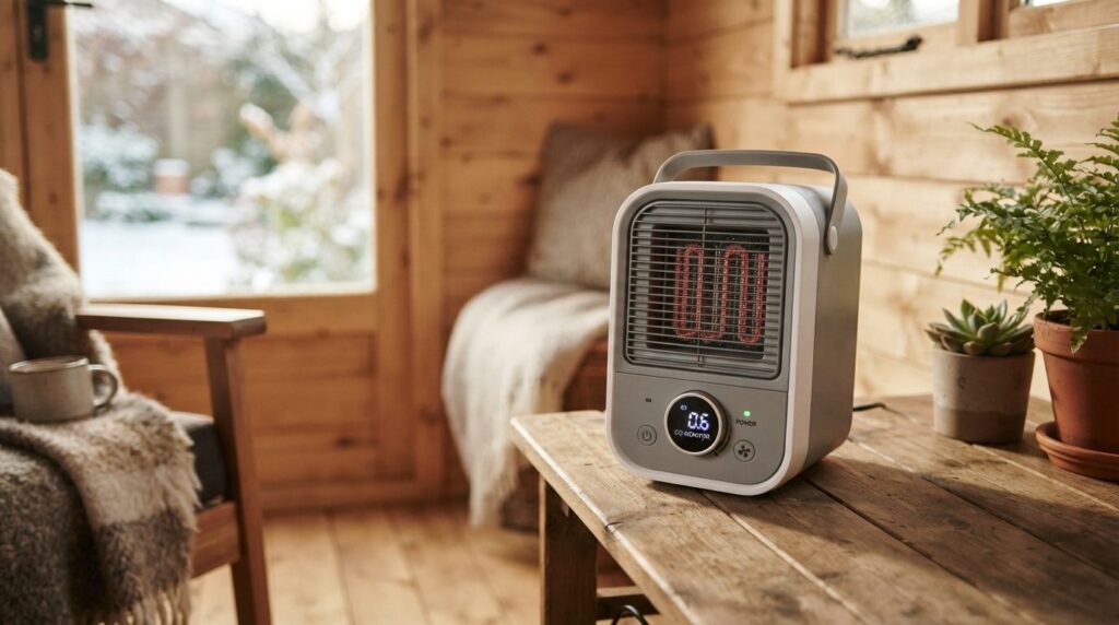 Close-up of a small portable heater with digital CO monitori