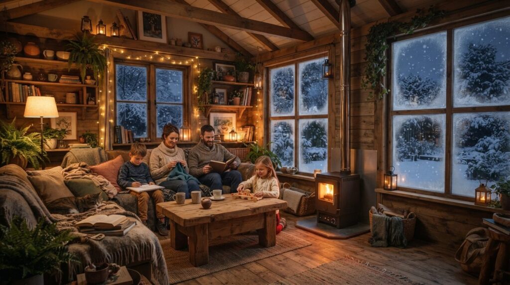 Wide shot of a heated garden cottage interior in winter with