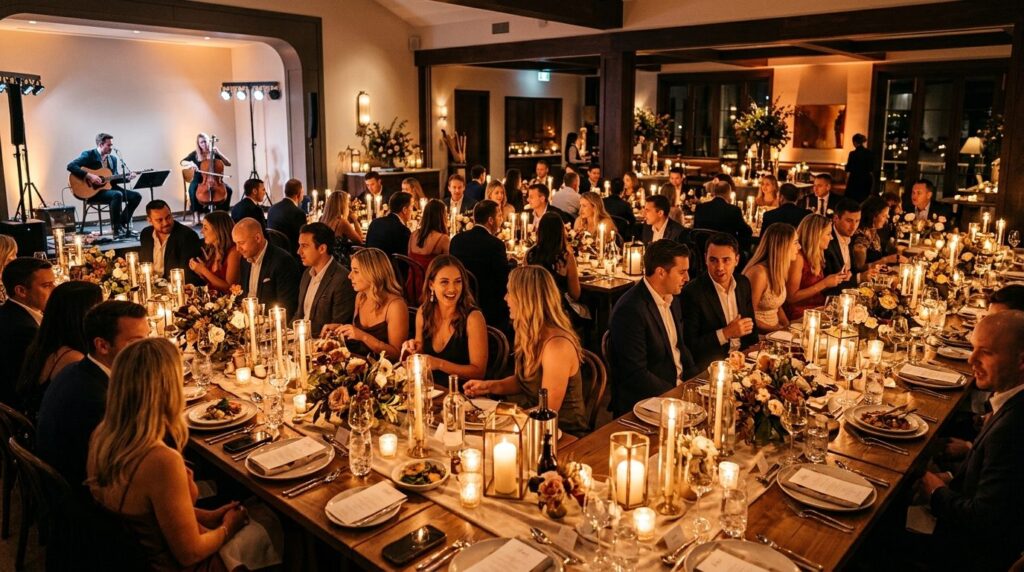Wide-angle photograph of a sophisticated dinner party or cel